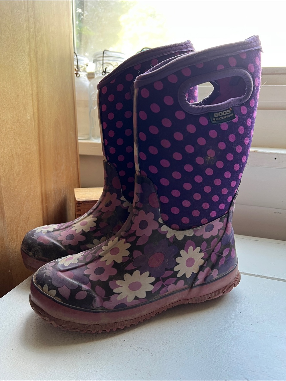 Bogs Kids Purple Pink Floral Polka Dot Winter Rain Boots rated -30 youth size 4